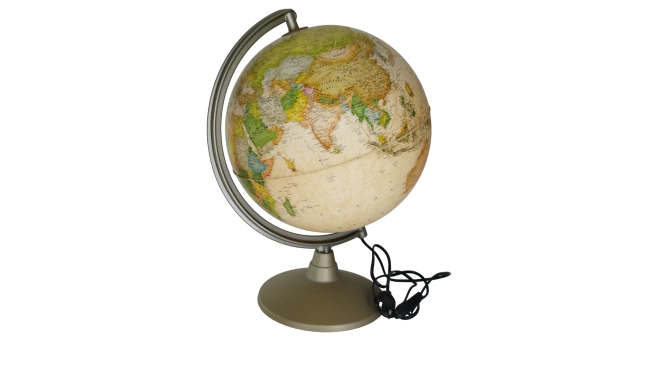 Globe terrestre de face avec son câble d'alimentation